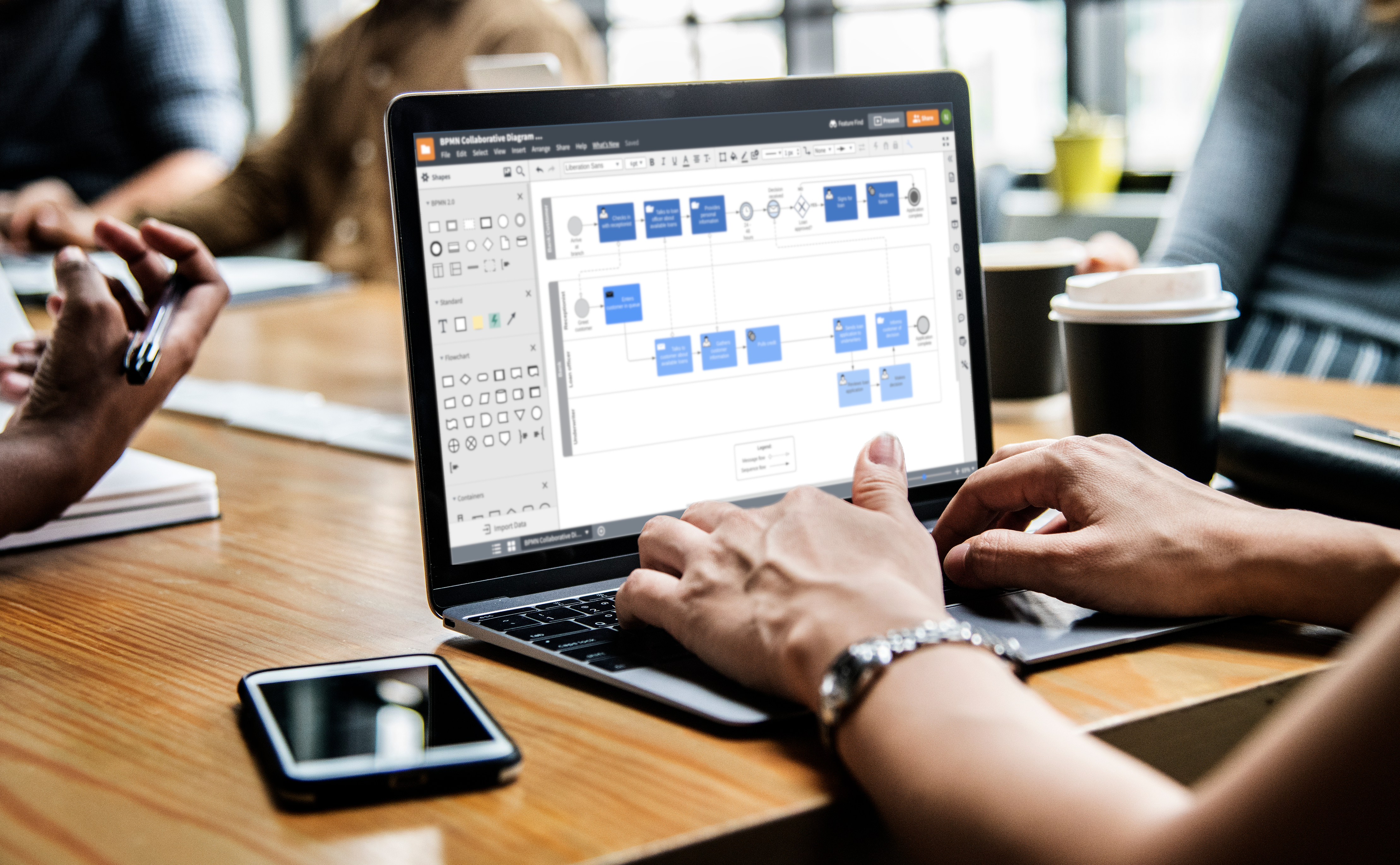 Besprechungstisch mit Händen auf Laptop mit Prozessablauf als Flussdiagramm