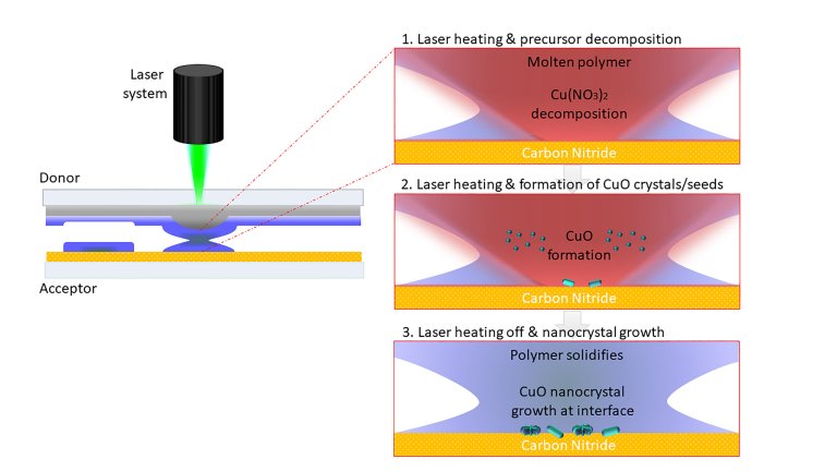 Die neu entwickelte Laser-Methode: Material wird von einem Donor- auf einen Akzeptor-Träger übertragen. Auf ersterem befindet sich die „Farbe“, ein festes Polymer, was mit Metallsalzen vermischt ist, letzterer besteht aus einem dünnen Kohlenstoffnitrid-Film auf einer leitfähigen Elektrode. Durch gezielte Laserbestrahlung werden die Salze zusammen mit dem geschmolzenen Polymer auf den Akzeptor übertragen. Die kurzzeitig hohen Temperaturen lassen die Salze innerhalb von Millisekunden reagieren und sie wandeln