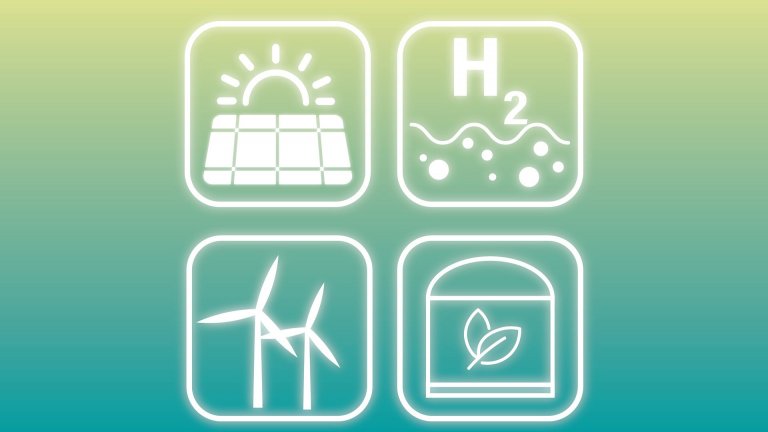 Illustration mit 4 Feldern zu Sonnenenergie-, Wasserstoff-, Wind- und Biogasenergiezeichen