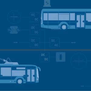 Grafische Darstellung eines Oberleitungs- und eines Elektrobusses